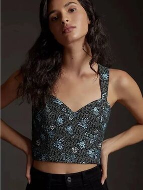 Anthropologie Sachin + Babi Jacquard Black Crop Top Light Blue Floral Embroidery
